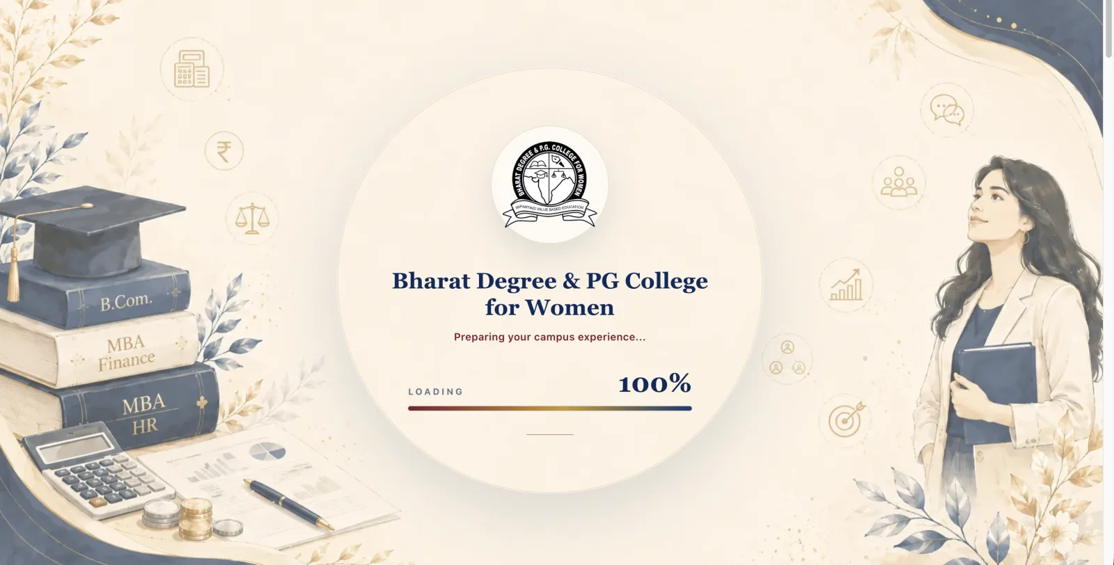 Bharat Degree & PG College for Women — animated branded loading screen at 65% with crest and progress bar