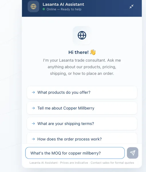 Lasanta AI Assistant chat panel — Online, ready to help