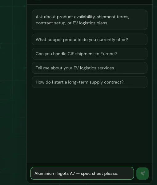 Narven AI Assistant chat panel — Commodity trade + EV logistics