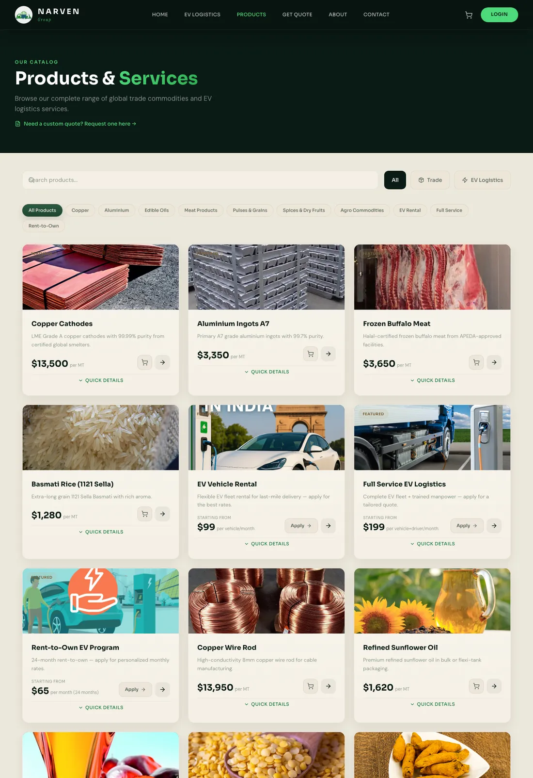 Narven products and services grid with real prices