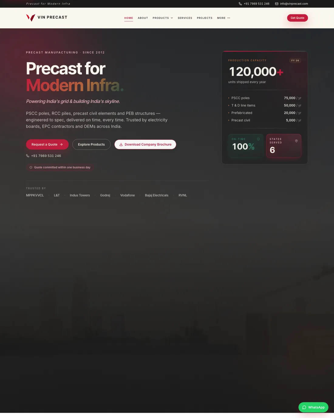 Vin Precast hero — Precast for Modern Infra · 120,000+ units shipped