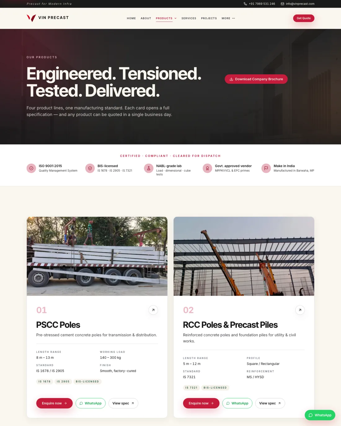 Vin Precast products index — PSCC Poles, RCC Poles & Precast Piles, with spec cards
