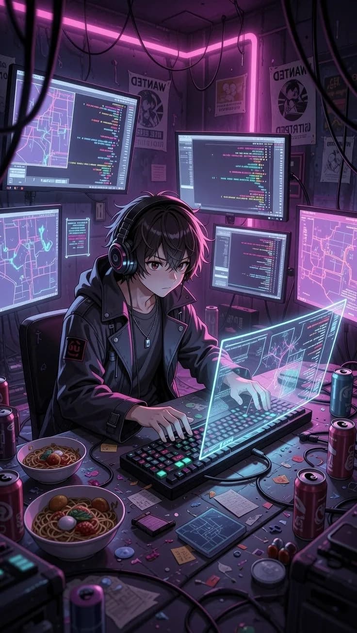 A coder at multiple neon-lit monitors, late night, headphones on