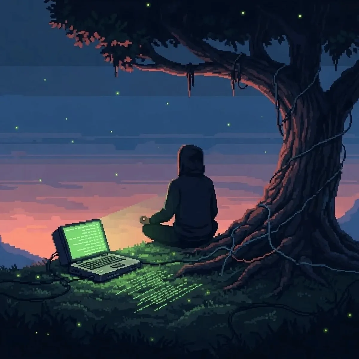 A figure sits beside a glowing laptop under a tree at dusk